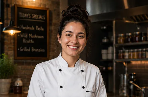 Smiling female chef in white uniform standing in a restaurant kitchen