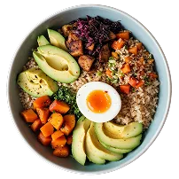 Rice bowl with vegetables and boiled egg