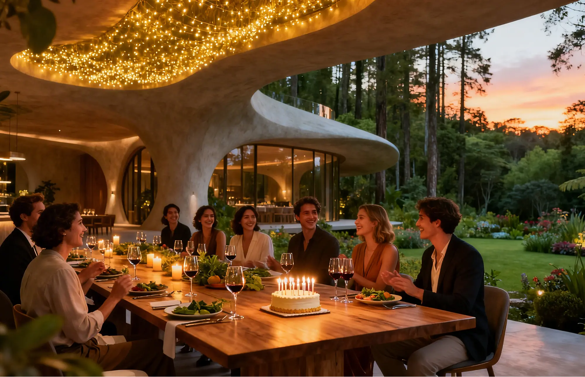 Group of young people dining outdoors around a wooden table with a lit birthday cake and wine glasses at sunset.