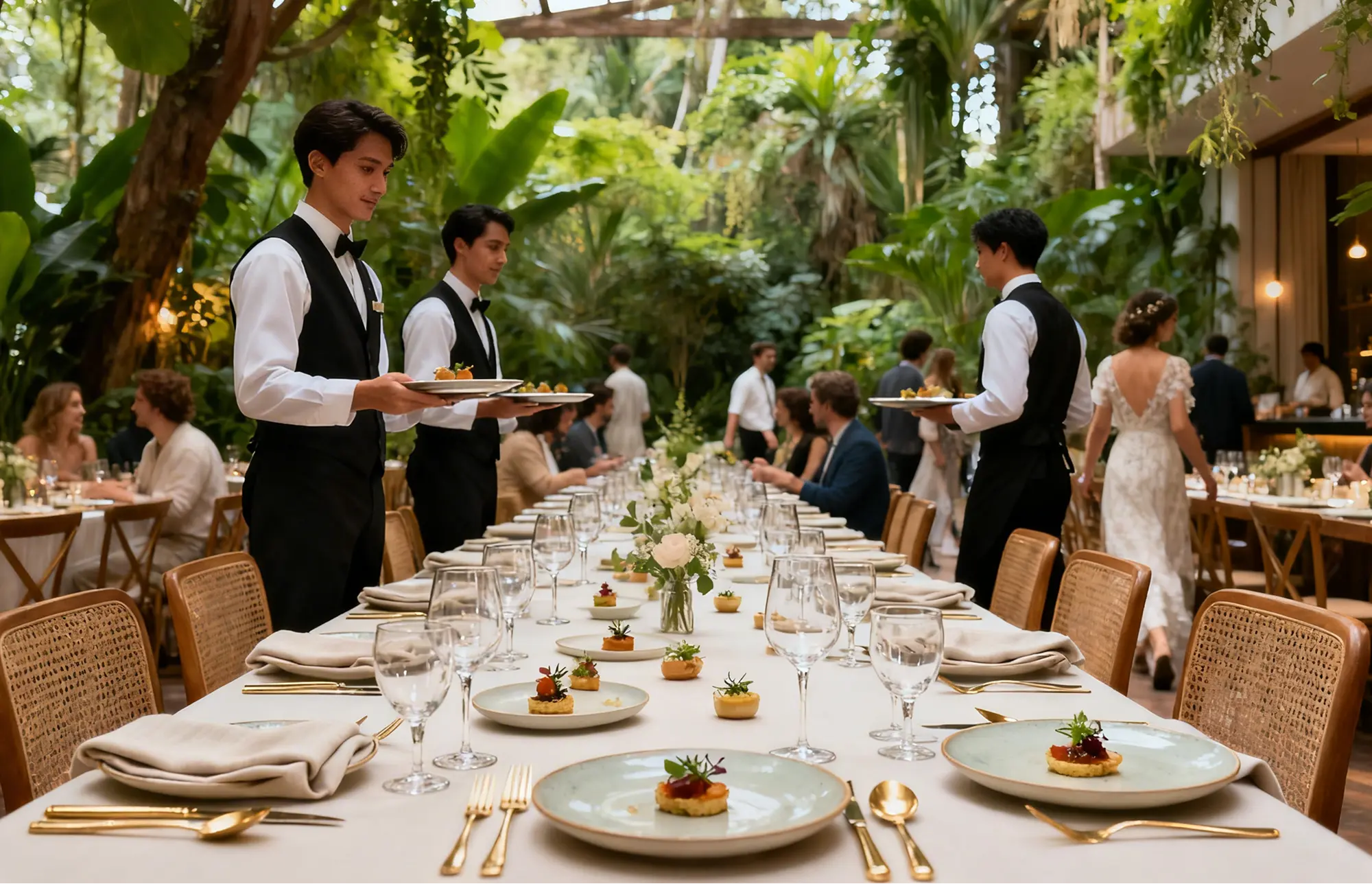 Waiters in black vests and white shirts serving appetizers at a long, elegantly set table in a lush, plant-filled venue with guests dressed formally.