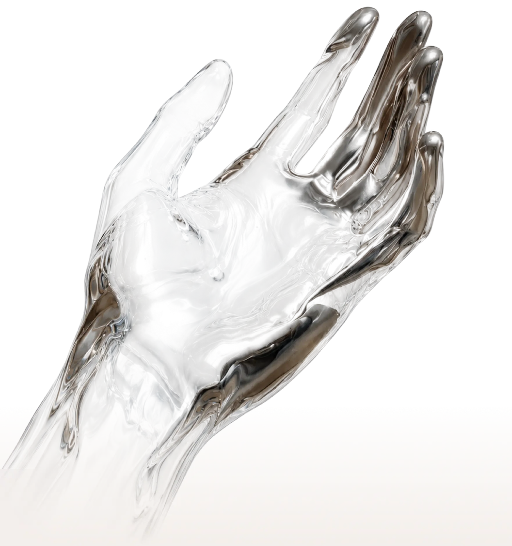 Abstract silver hand sculpture on a light background.