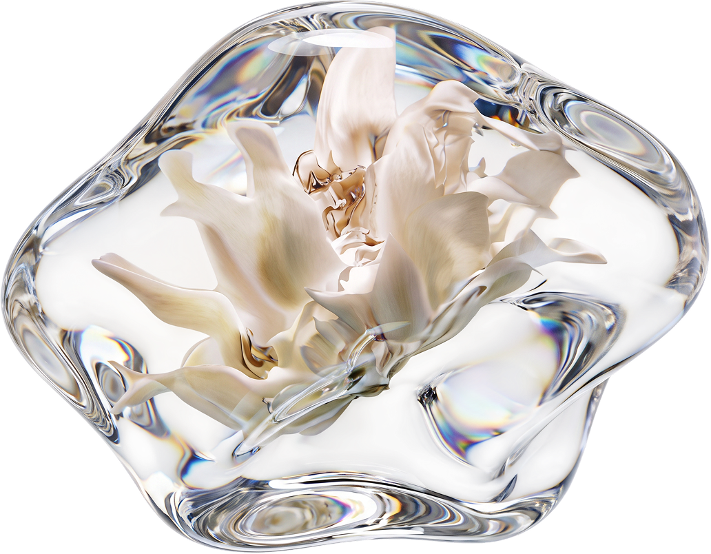 Abstract glass sculpture with white flowers
