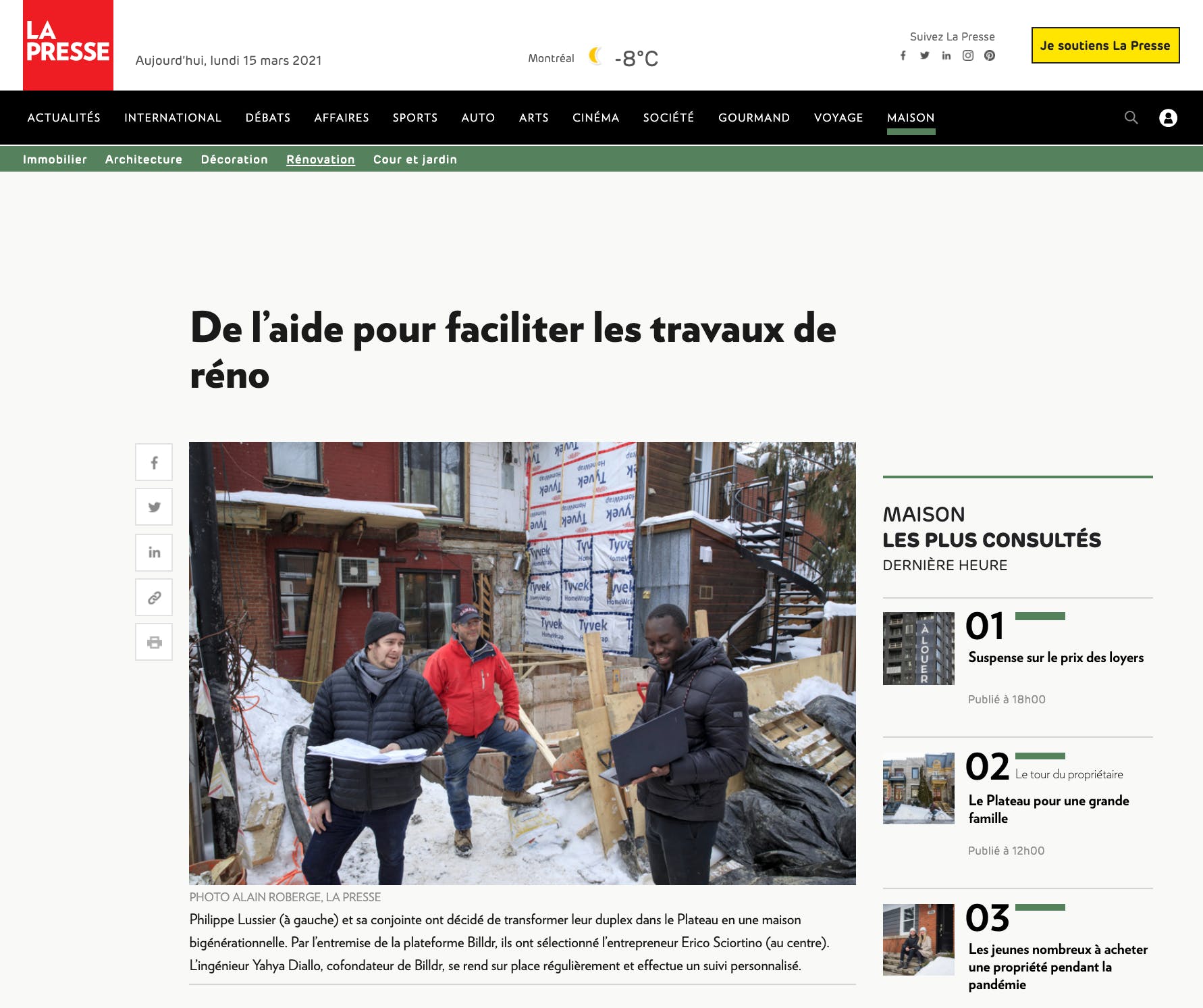 Billdr home extension project featured on La presse