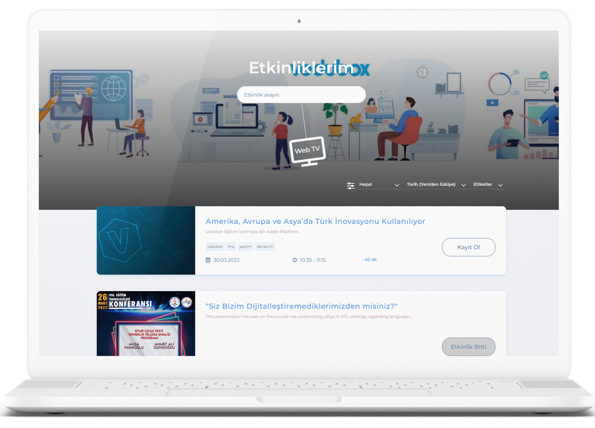 Vedubox event management: event list and registration screen