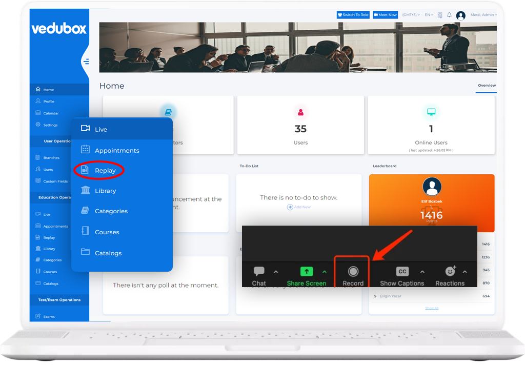Vedubox Watch Again: cloud recordings of live sessions replayed from the Replay menu