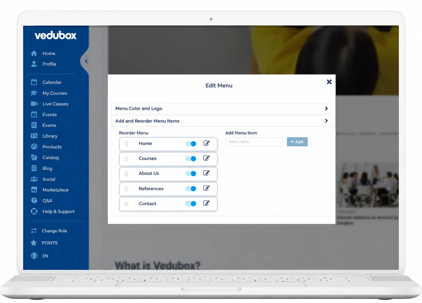 Vedubox website builder: menu and design editing panel