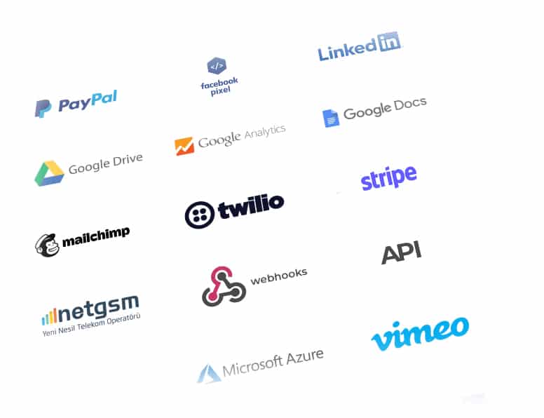 Vedubox integrations: PayPal, Google Drive, Google Analytics, LinkedIn, Stripe, Twilio, Mailchimp, Vimeo, Microsoft Azure, netgsm, webhooks and API