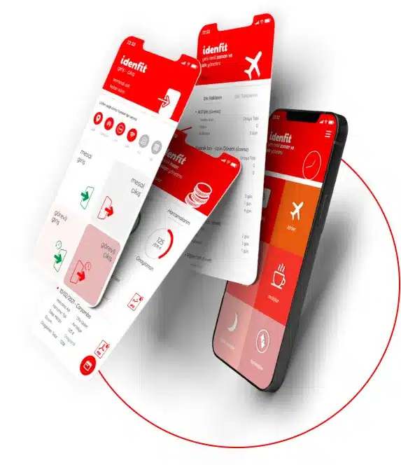 idenfit mobile app screens: clock in and out, leave requests and timesheets
