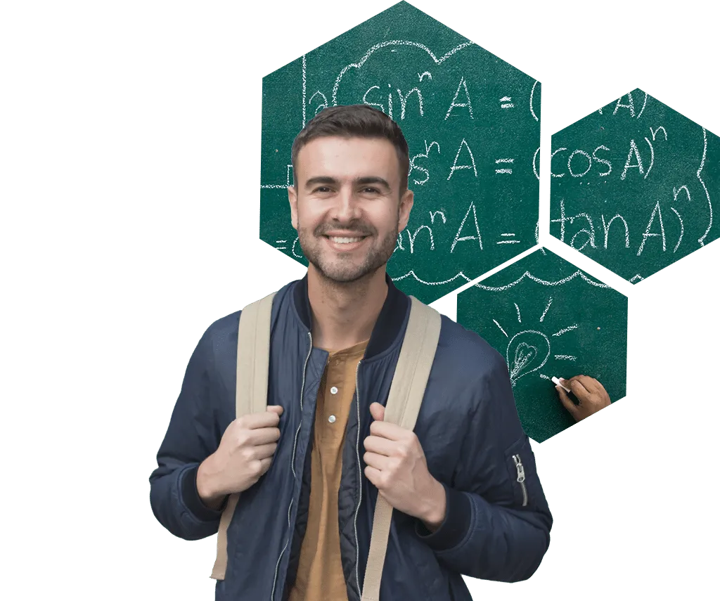 A smiling student with a backpack in front of blackboard panels covered in formulae