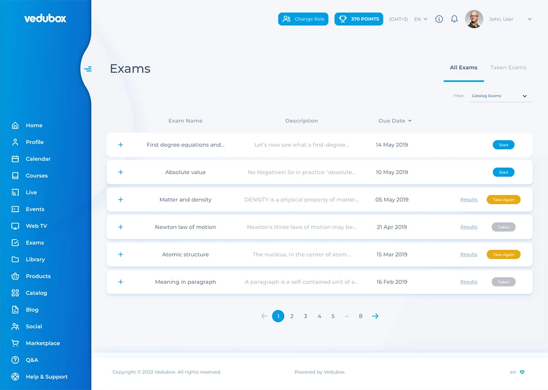 Vedubox Exam Management module screen