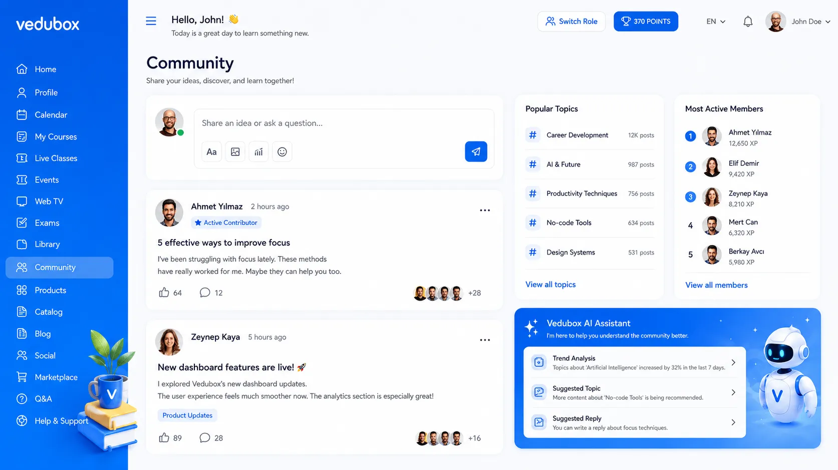Community management screen in Vedubox