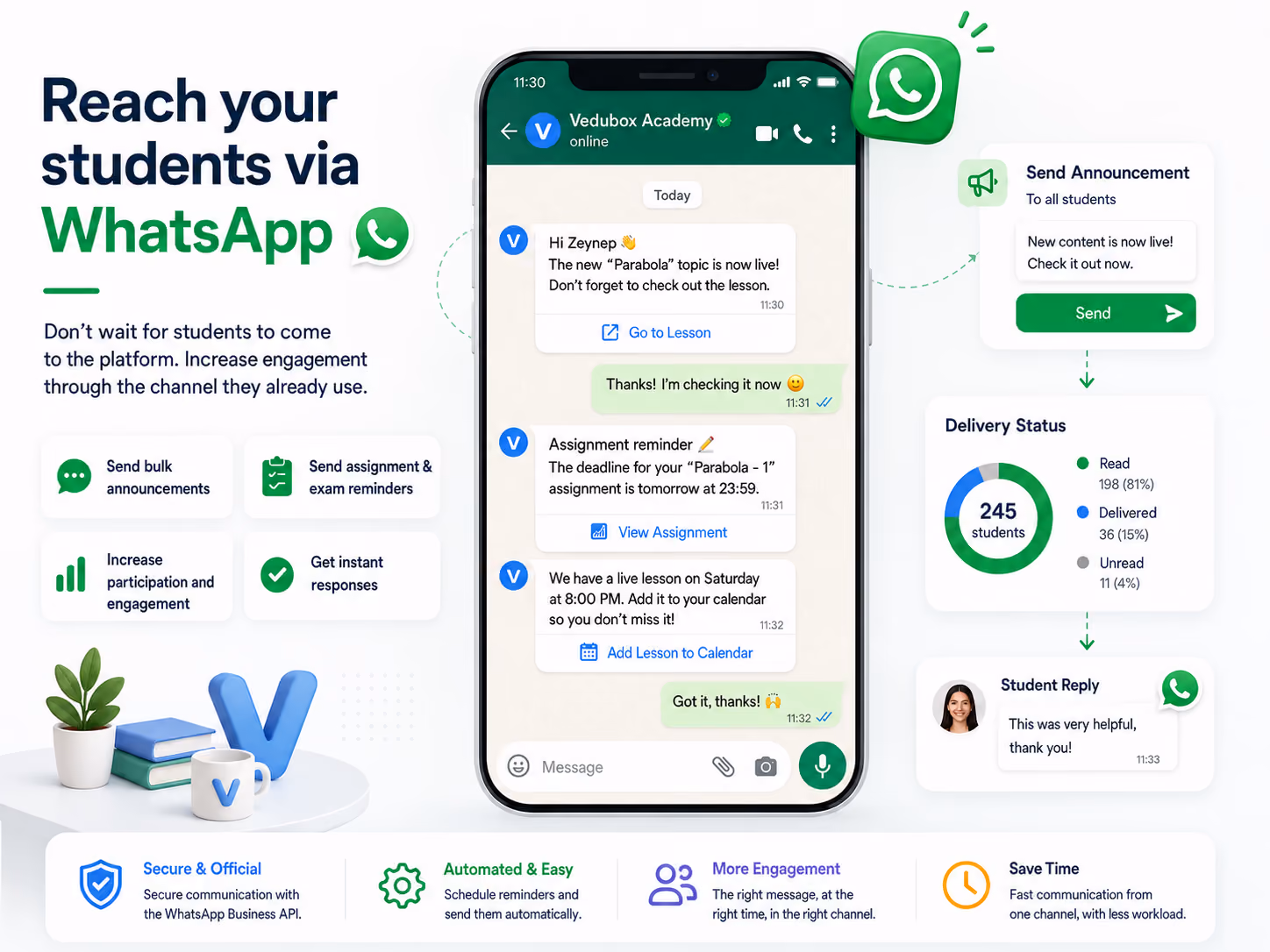 Exam and live lesson reminder sent to a learner over WhatsApp