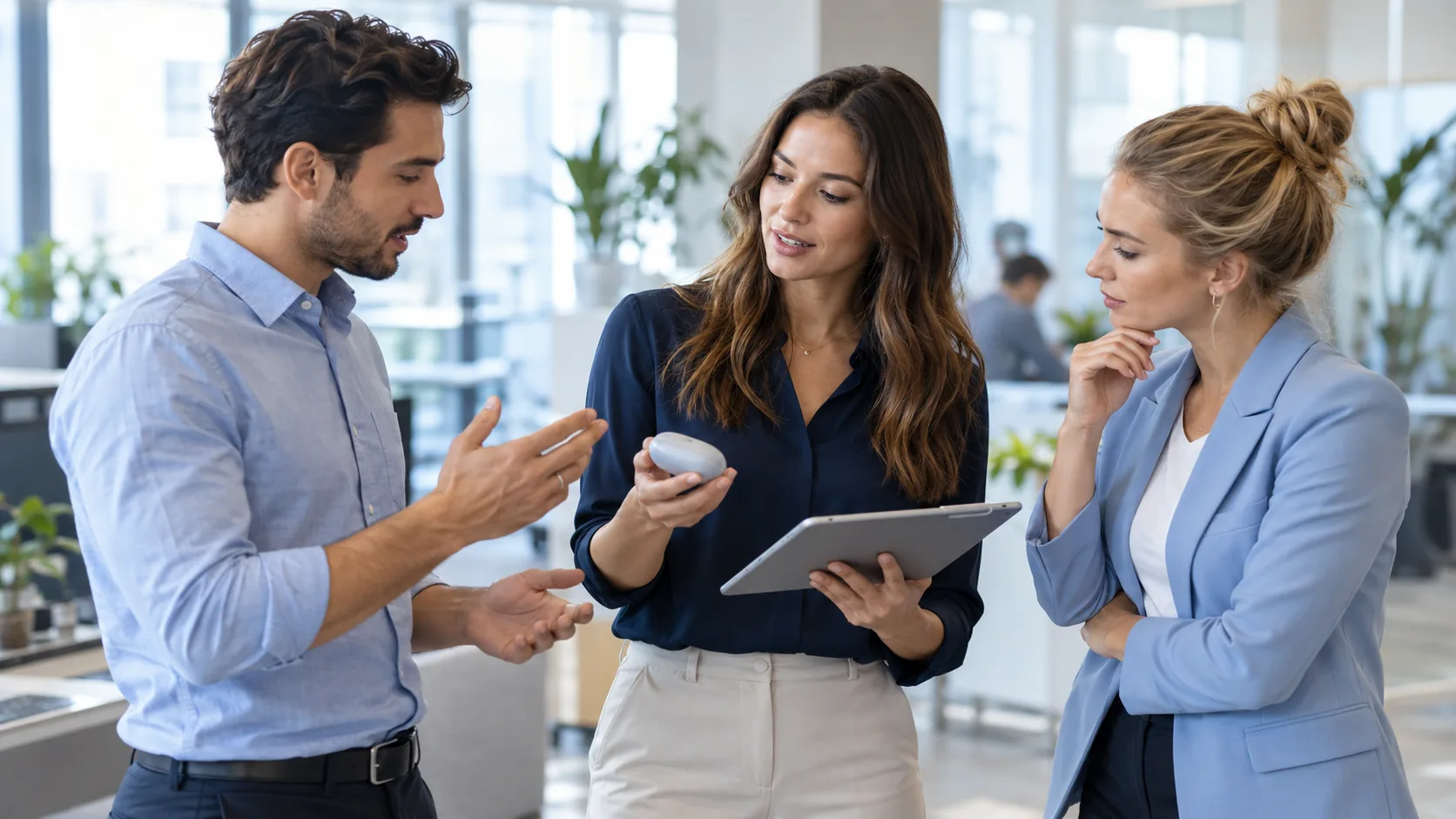 Sales team practicing a product presentation