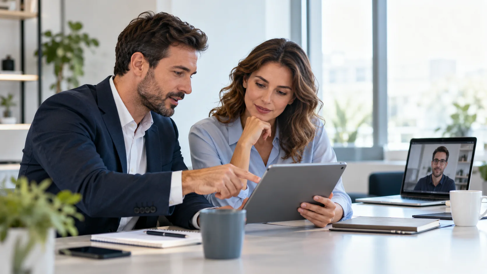 Partners reviewing training on a tablet
