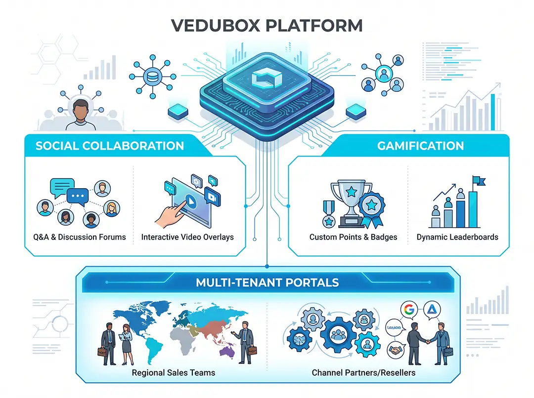 Vedubox platform for social collaboration, gamification, and multi-tenant sales team portals