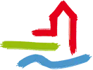 Abstract logo with a red tower, green horizontal arrow, and blue wavy lines resembling water.
