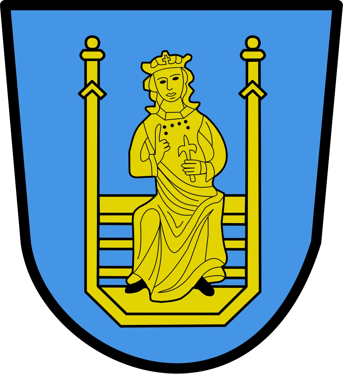 Blue shield with a golden figure of a seated king holding a staff and raising finger.