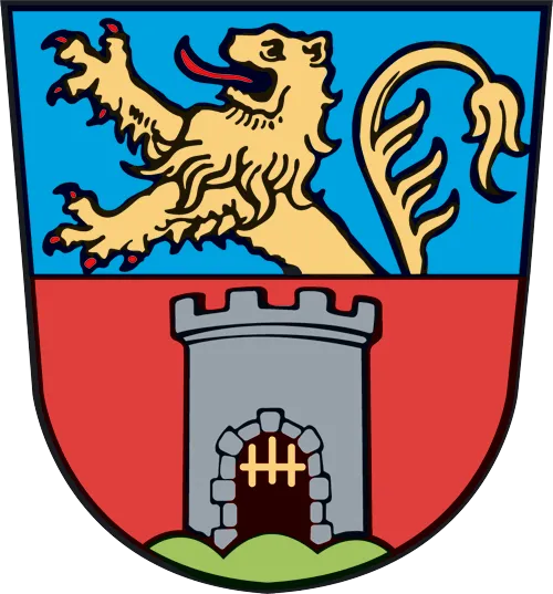 Shield with a gold lion on blue top half and a gray stone tower with barred door on red bottom half.