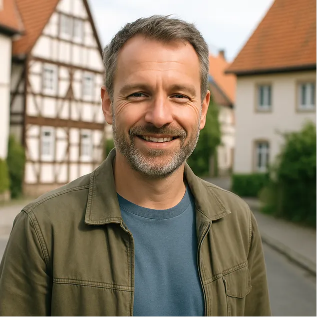 Smiling middle-aged man with short beard outdoors in front of traditional European-style houses.
