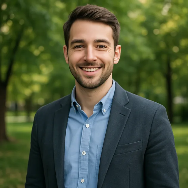 Smiling young man wearing a blue shirt and dark blazer standing outdoors with green trees in the background.