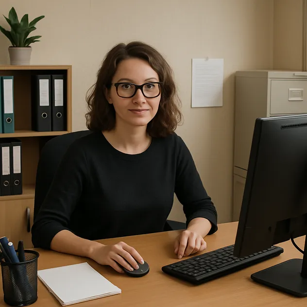 Woman with glasses sitting at office desk using a computer mouse and keyboard.