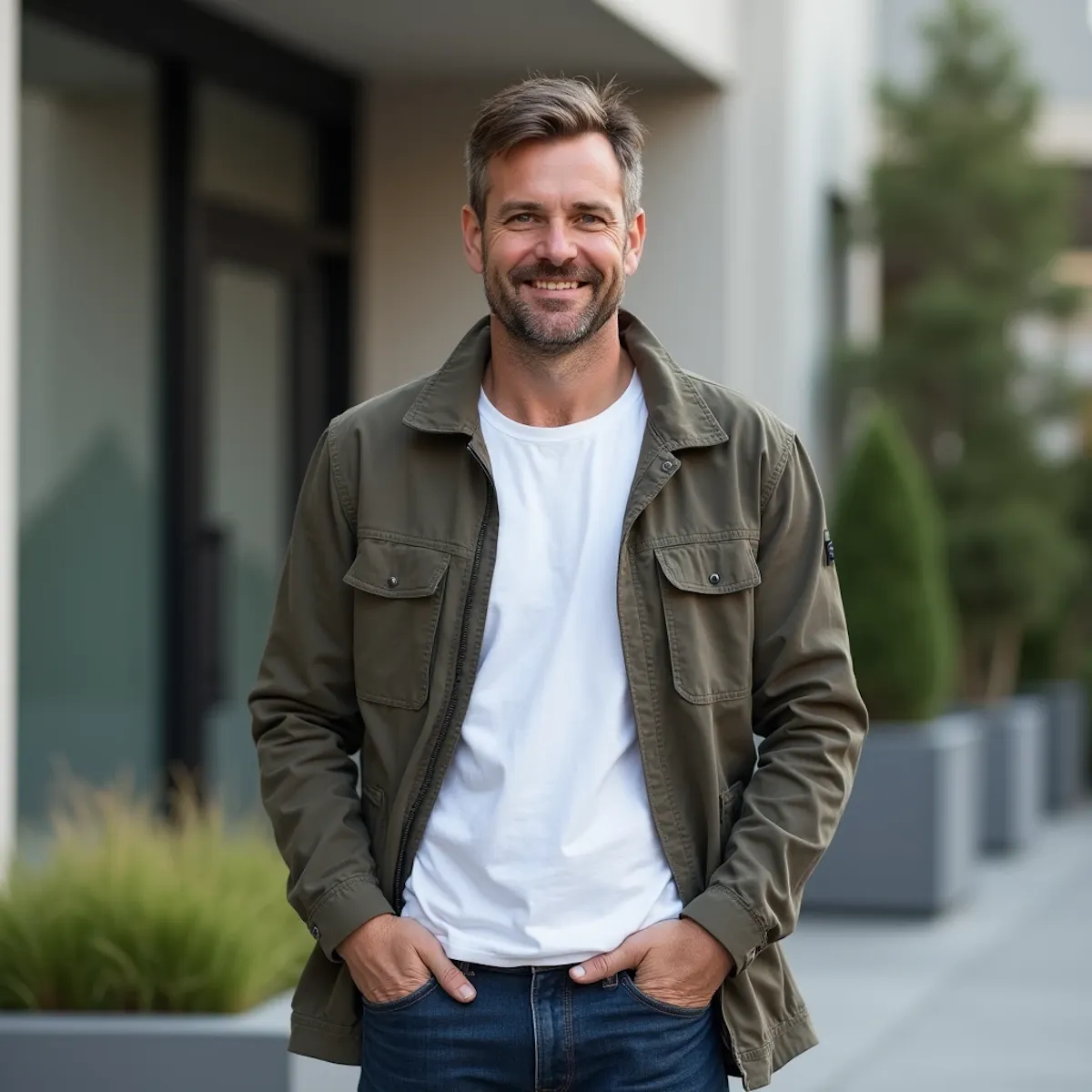 Smiling man wearing white shirt and green jacket standing outdoors with hands in pockets.