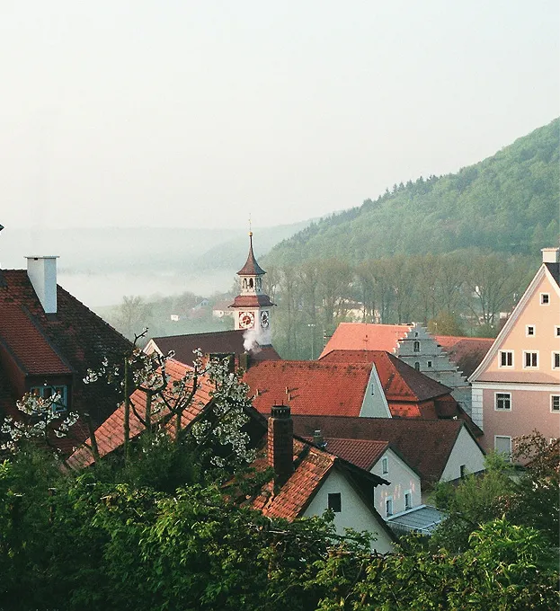 Blick auf ein Dorf mit roten Ziegeldächern, Kirchturm und grünen bewaldeten Hügeln im Hintergrund.