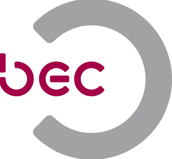Teil eines Logos mit grauem Halbkreis und magentafarbenen Buchstaben b, e, c