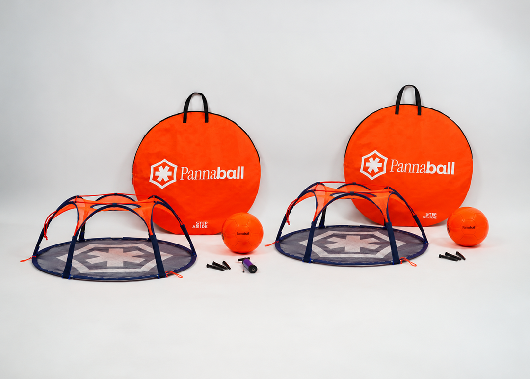 Two complete Pannaball sets on a white background: foldable goal, orange carry bag, ball, pump and ground pegs