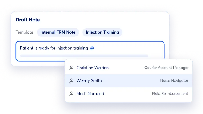 User interface showing a draft note with two template tabs named Internal FRM Note and Injection Training selected. The note text reads 'Patient is ready for injection training @' with an autocomplete dropdown listing three people: Christine Walden, Courier Account Manager; Wendy Smith, Nurse Navigator; and Matt Diamond, Field Reimbursement.