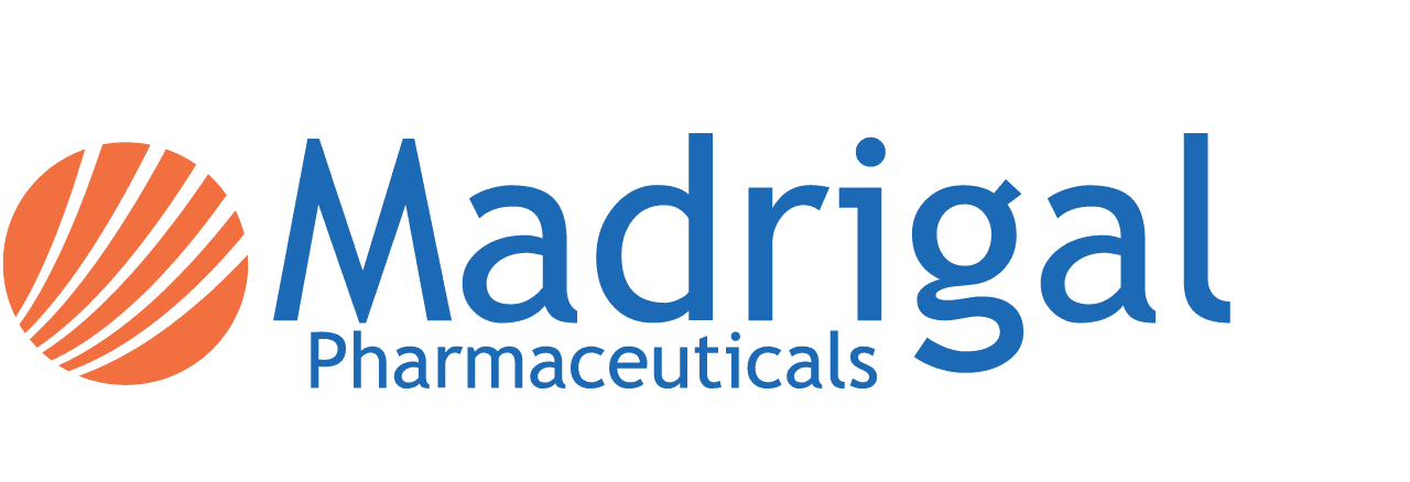 Madrigal Pharmaceuticals logo with a stylized orange circle featuring curved stripes to the left of the blue text.