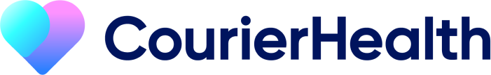 CourierHealth logo with a stylized gradient heart shape in blue and pink to the left of the company name in dark blue text.