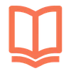 Icon of an open book with curved pages in orange color.