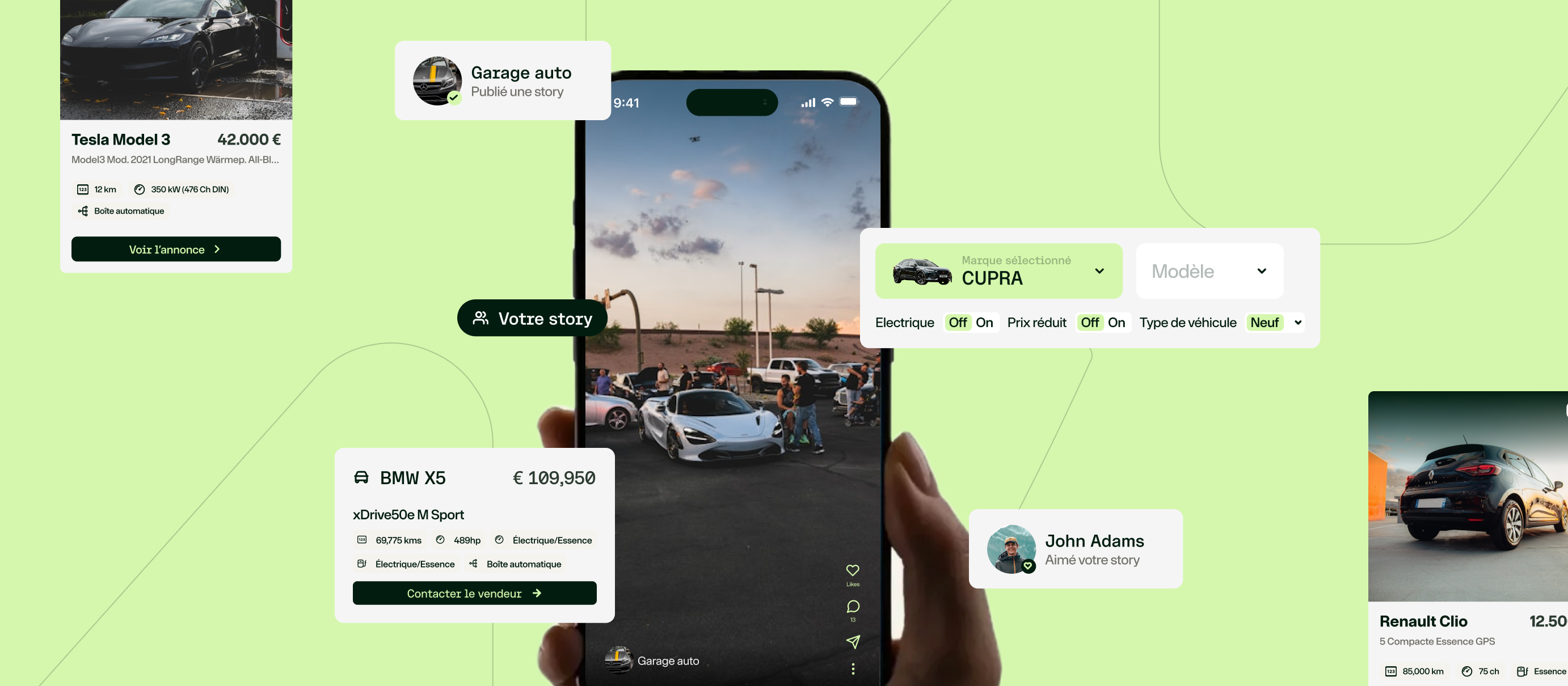 Interface mobile affichant une voiture sportive, avec annonces et interactions d'utilisateurs en français.