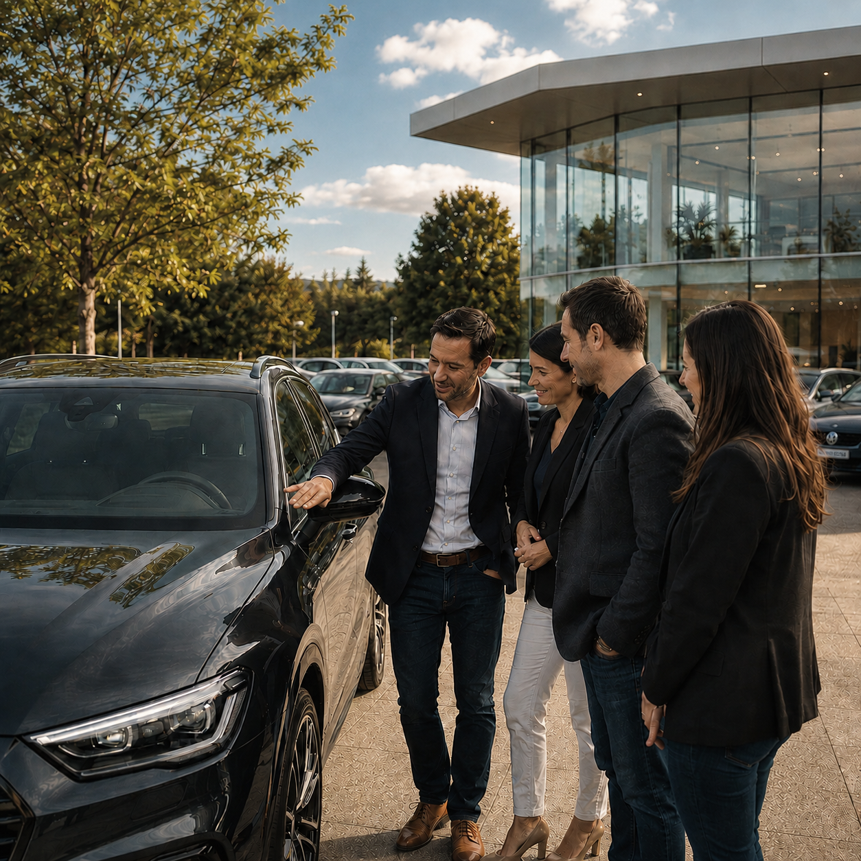 Un vendeur présente une voiture noire à trois clients souriants devant un bâtiment moderne en verre.