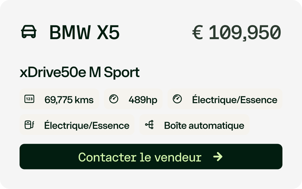 Carte détaillant BMW X5 xDrive50e M Sport 109 950€ 69 775 km 489 ch Électrique/Essence Boîte automatique.