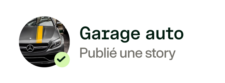 Photo d'une voiture Mercedes grise avec une bande jaune, texte Garage auto, publié une story.