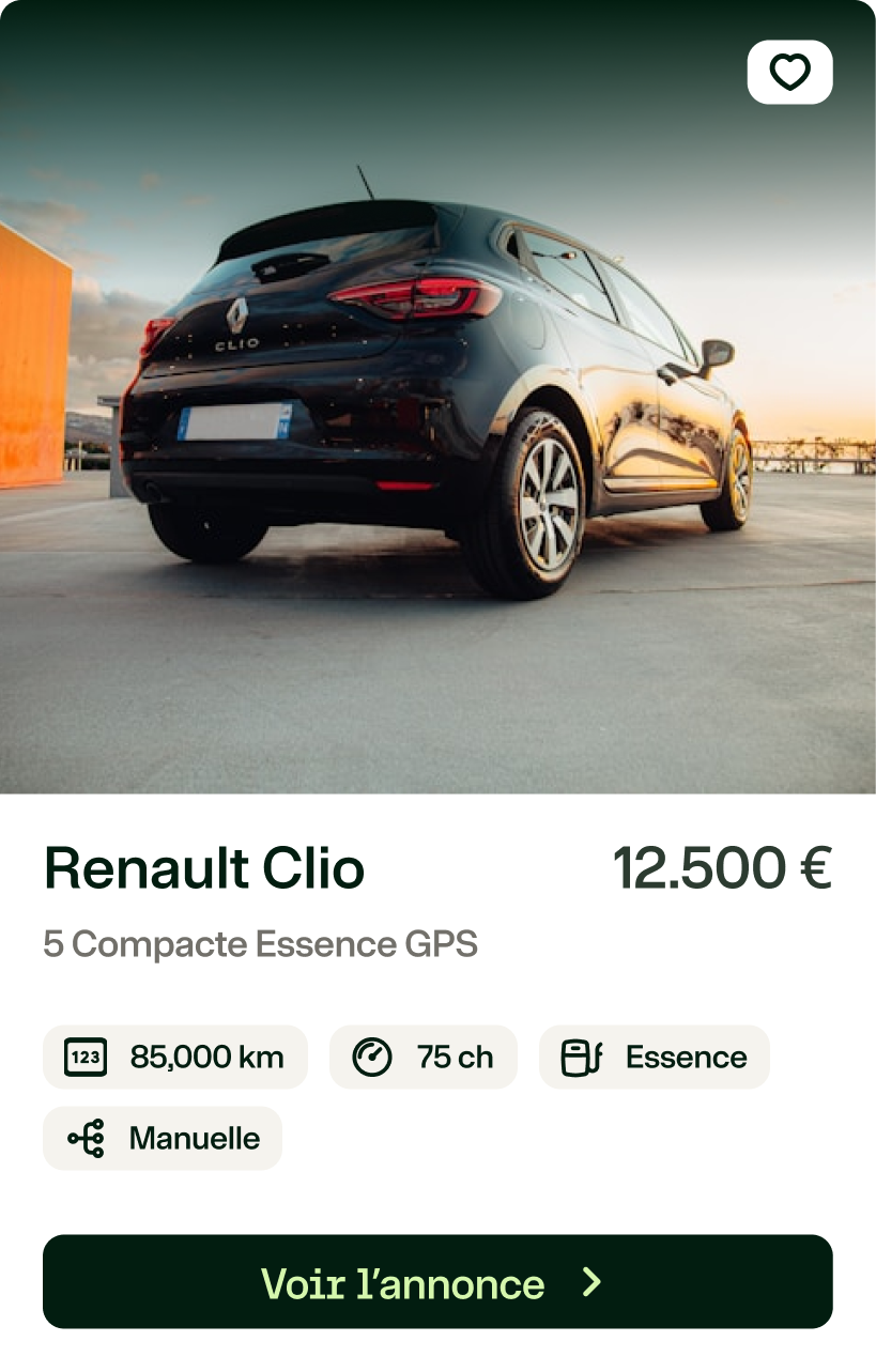 Vue arrière d'une Renault Clio noire garée à l'extérieur au coucher du soleil.