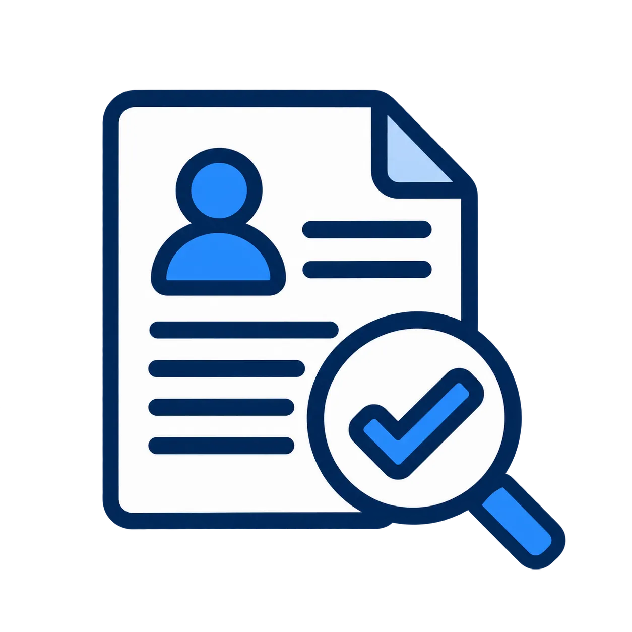 Icon eines Dokuments mit einer Benutzerikone und Textzeilen sowie einer Lupe, die ein Häkchen anzeigt, was auf die Überprüfung oder Bestätigung von Informationen hinweist.