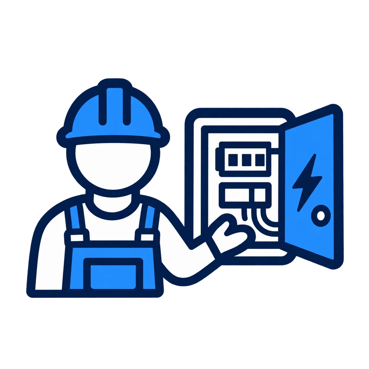 Icon: Elektriker mit Schutzhelm und Overall, der auf einen geöffneten Stromverteiler mit einem Blitzsymbol zeigt.