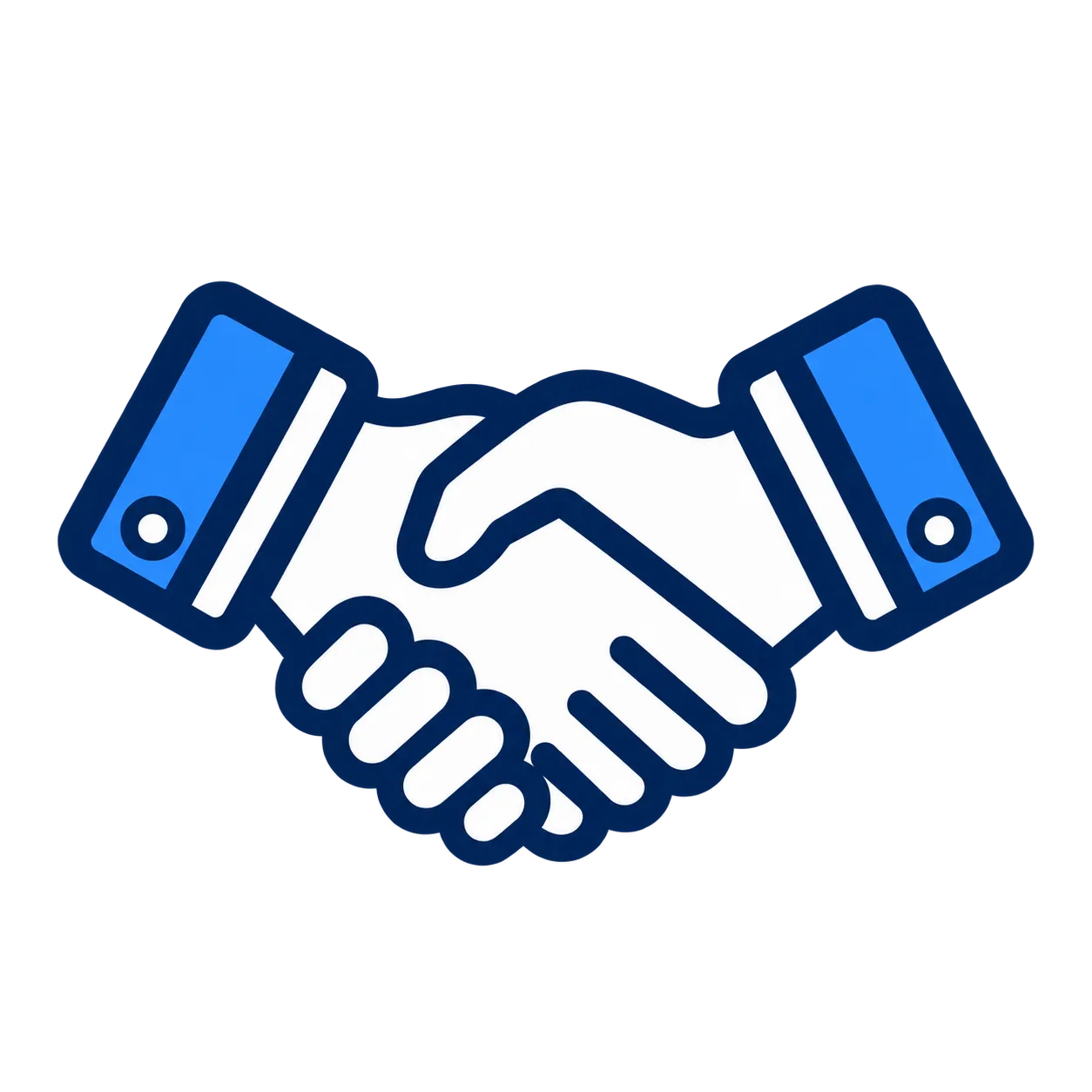 Icon: Zwei Hände geben sich die Hand, die Personen tragen blaue Hemdärmel mit weißen Manschetten.