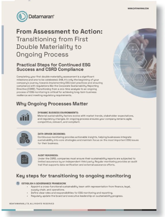 Document preview cover for the guide on transitioning from a first double materiality assessment to an ongoing monitoring process