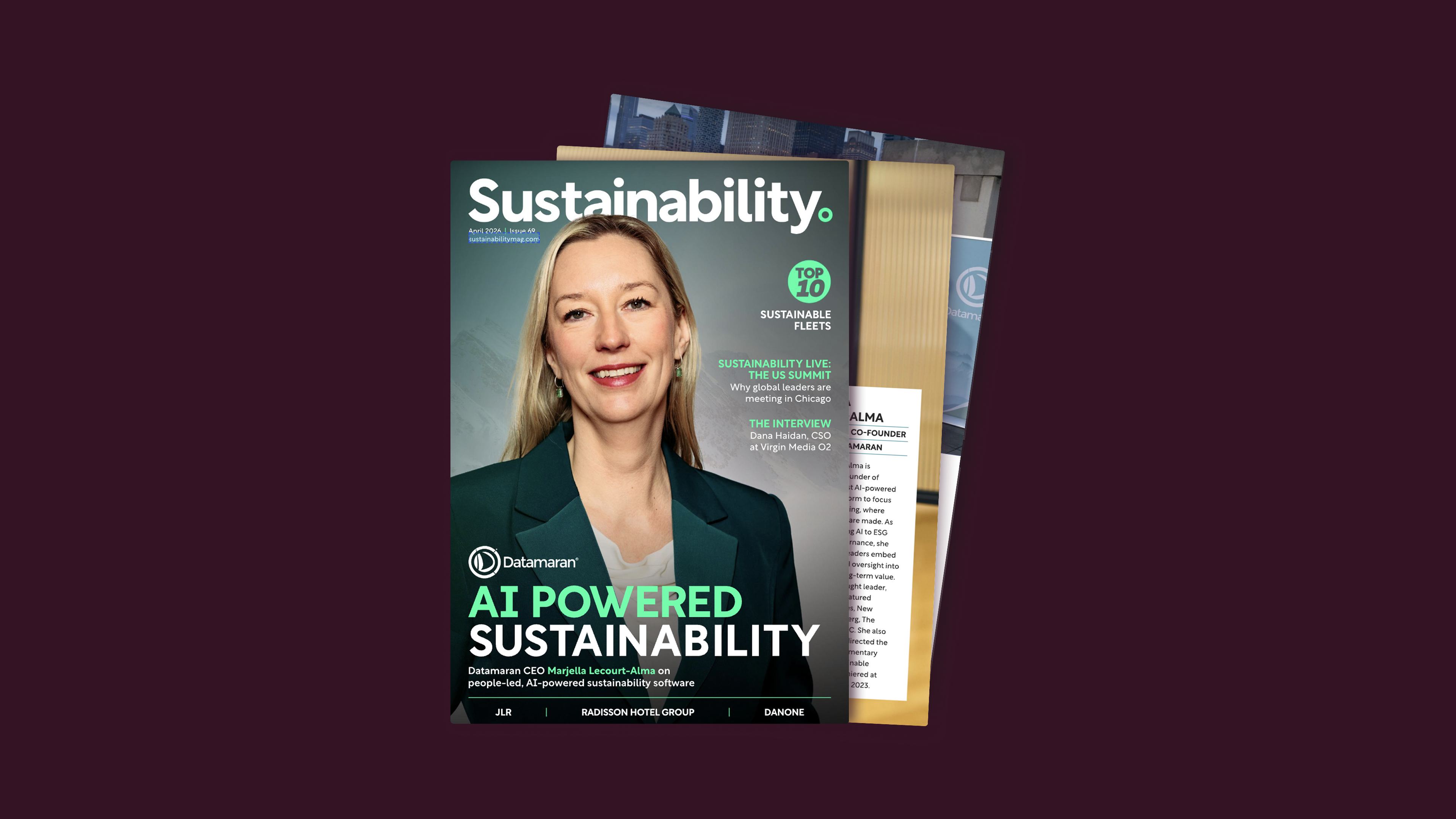 Cover of Sustainability Magazine April 2026 issue featuring Datamaran CEO Marjella Lecourt-Alma