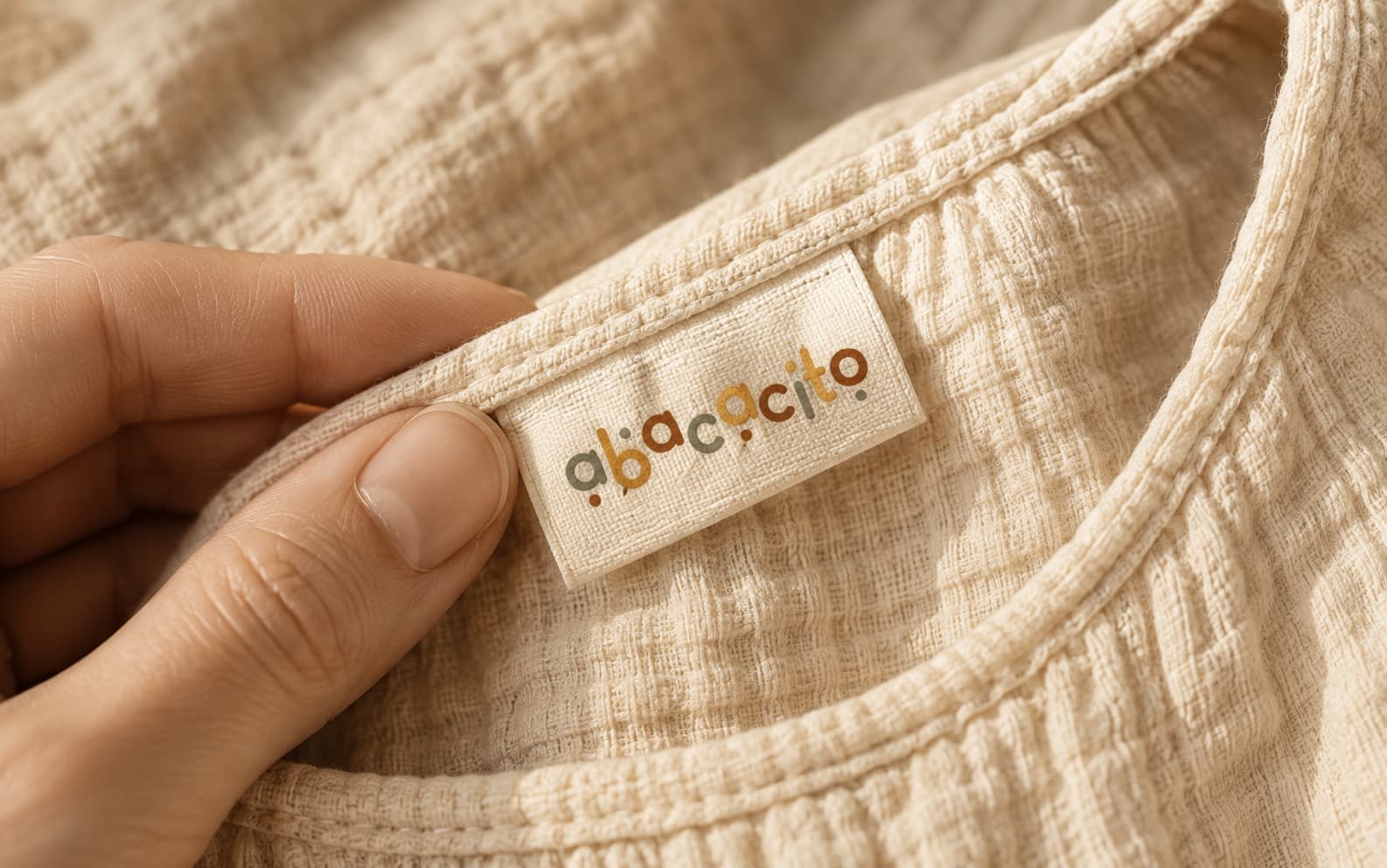 Close-up of the Abacacito clothing label on a natural linen garment