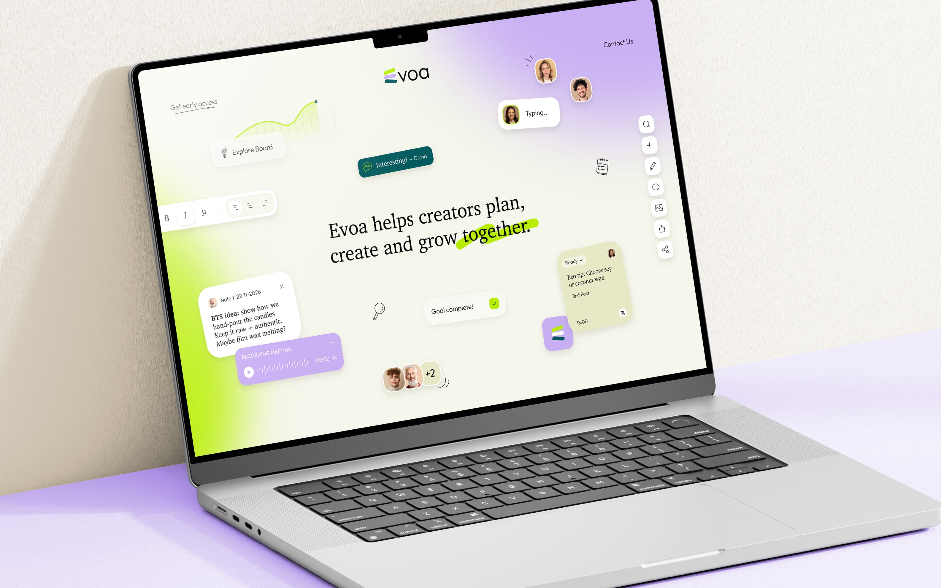 EVOA creator platform displayed on a laptop screen