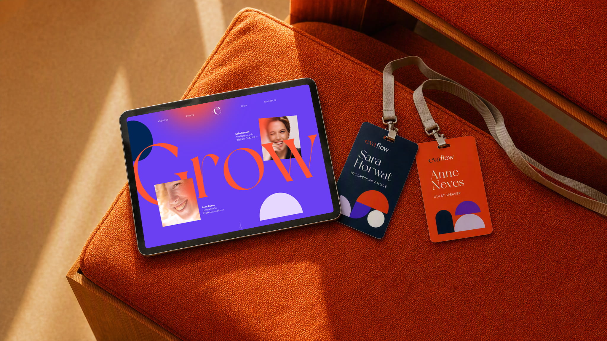 EVAflow event platform displayed on a tablet with branded attendee badges