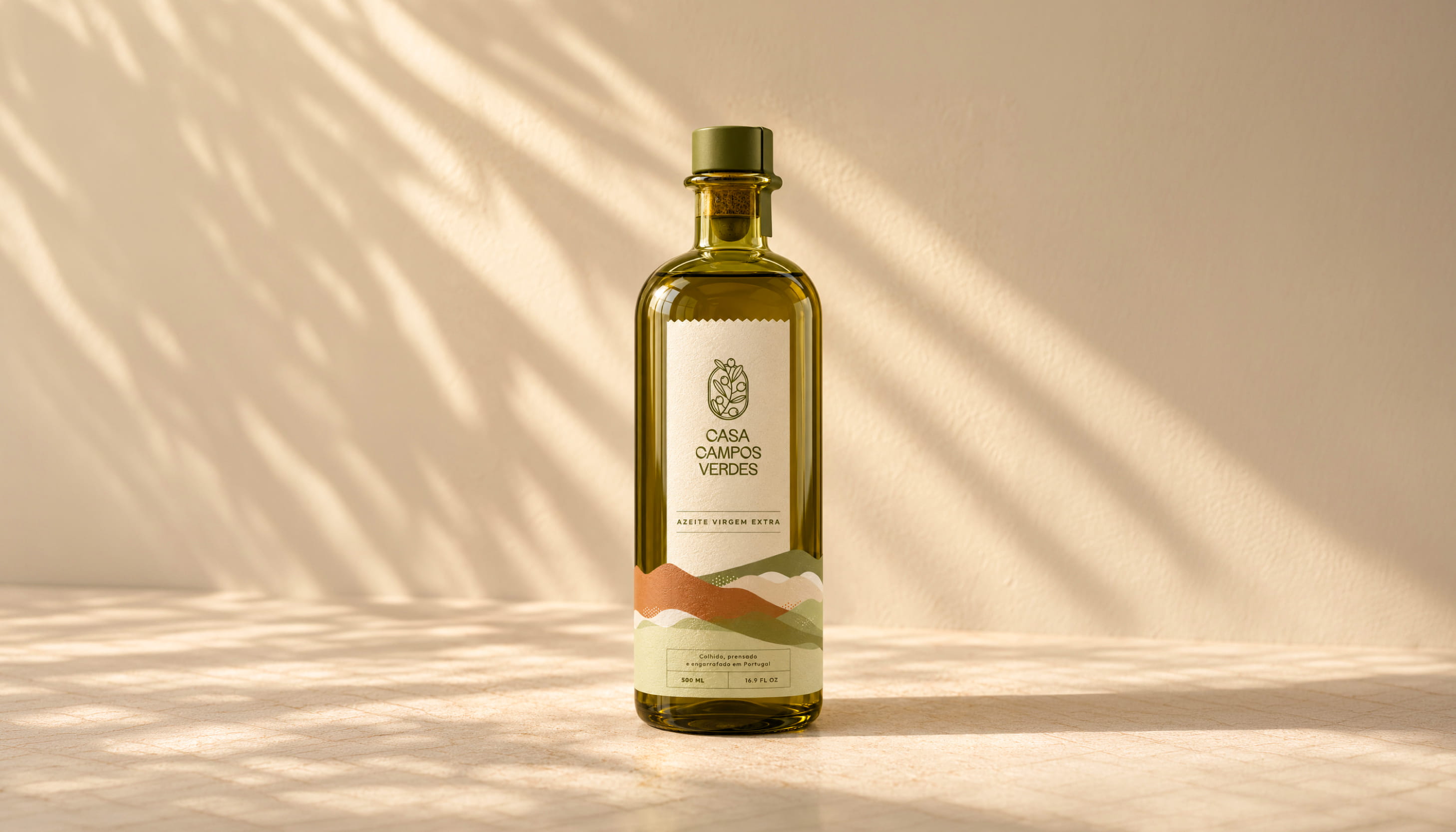 Olive oil packaging and brand identity for Casa Campos Verdes