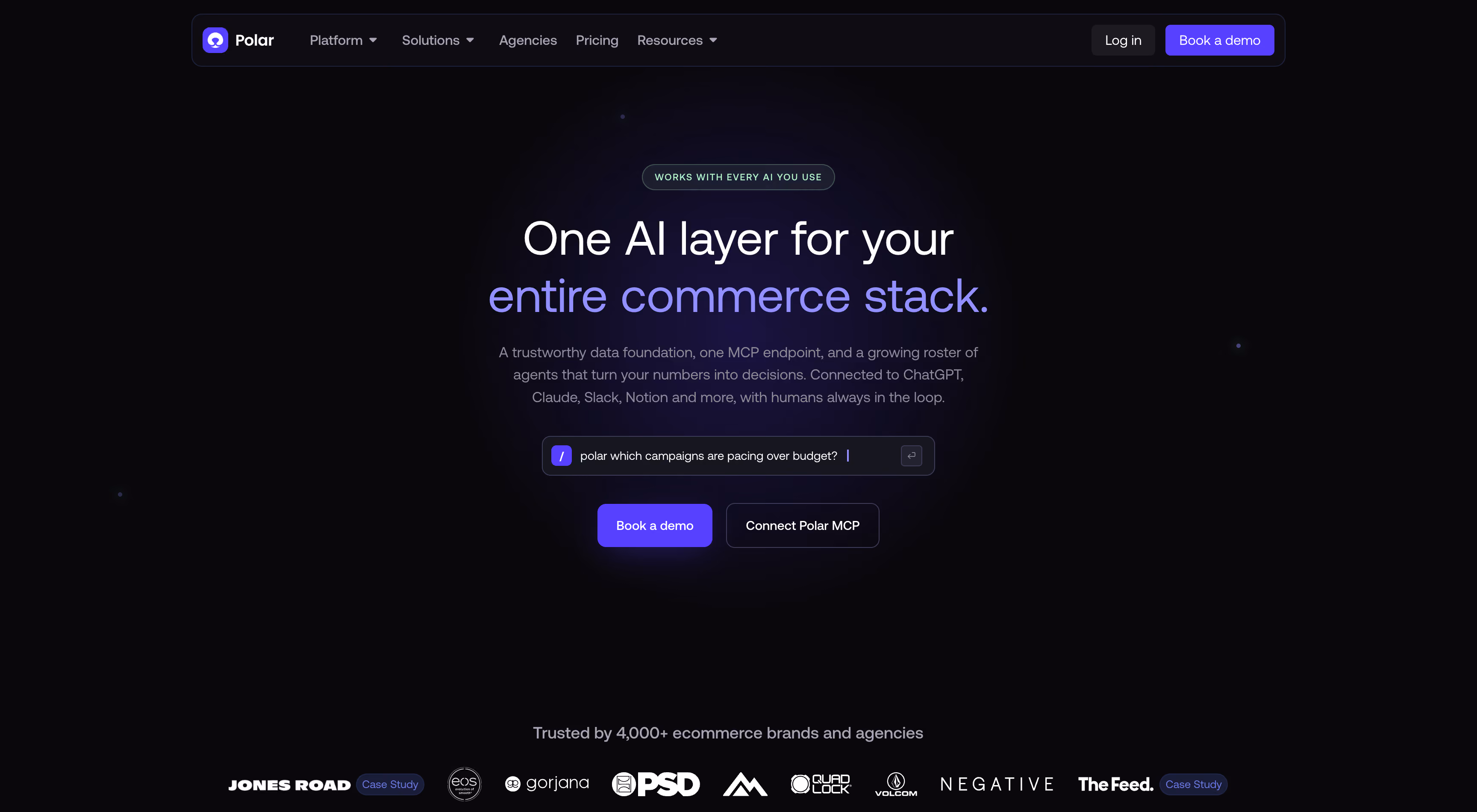 Polar Analytics homepage presenting its Snowflake-backed ecommerce data stack and margin reporting
