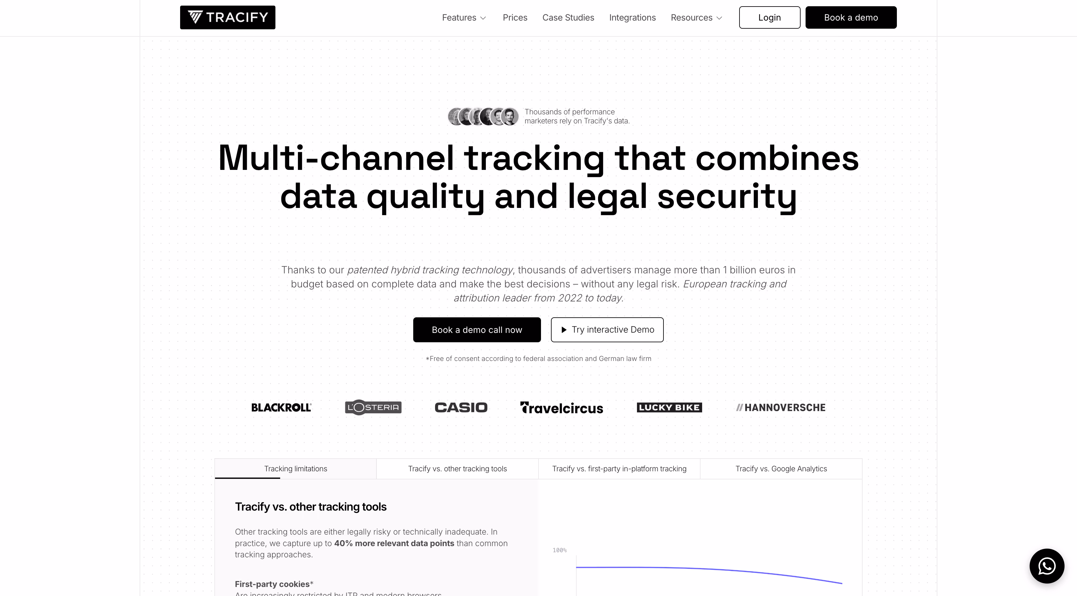 Tracify homepage presenting its consent-free, cookieless tracking for EU ecommerce brands