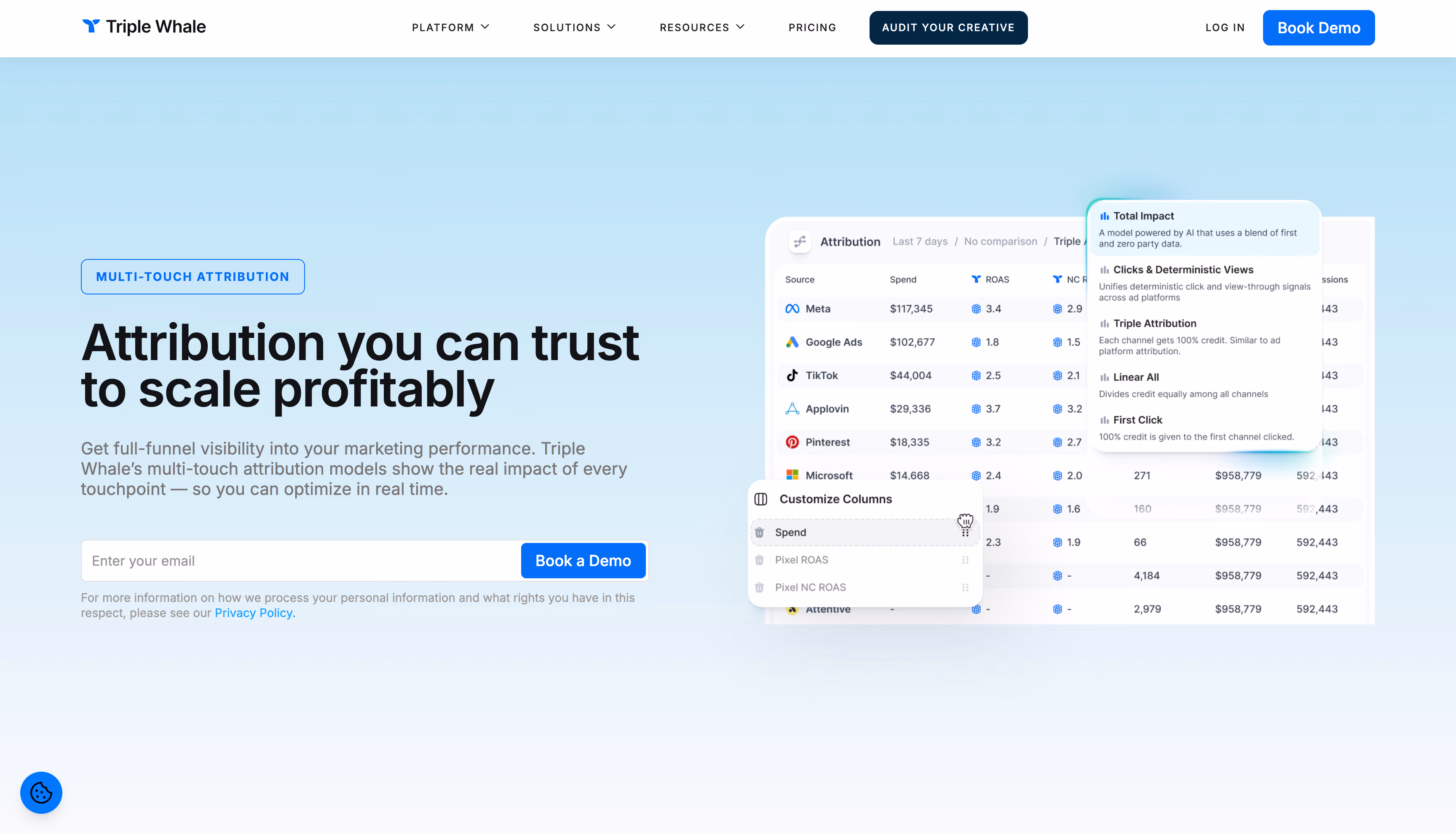Triple Whale homepage presenting its ecommerce dashboard and Moby AI agents for Shopify brands